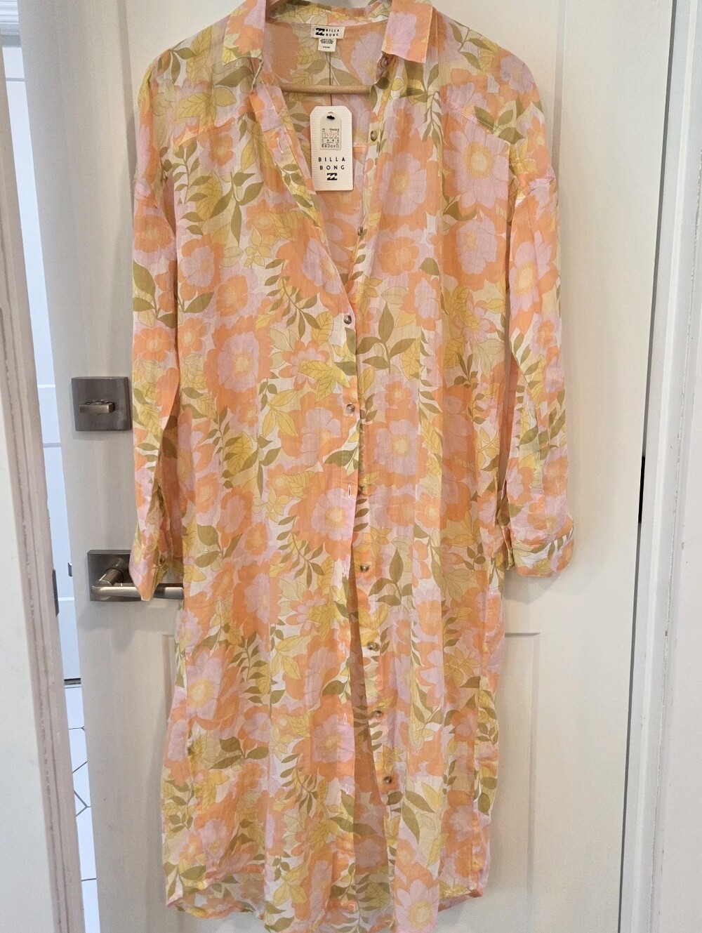 Billabong Floral Button Front Swim Cover Up Retro Shirt Dress Pink Orange Small
